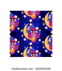 Seamless pattern with a bright pink owl hanging on the moon among the stars