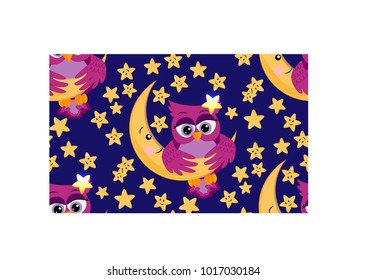 Seamless pattern with a bright pink owl hanging on the moon among the stars
