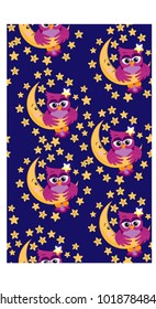 Seamless pattern with a bright pink owl hanging on the moon among the stars