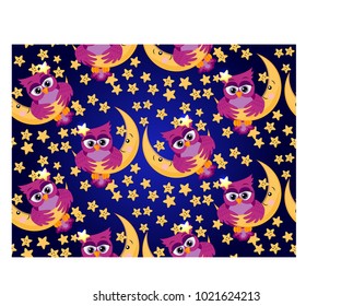 Seamless pattern with a bright pink owl hanging on the moon among the stars