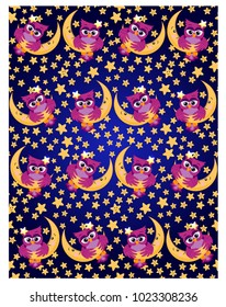 Seamless pattern with a bright pink owl hanging on the moon among the stars