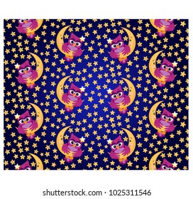 Seamless pattern with a bright pink owl hanging on the moon among the stars