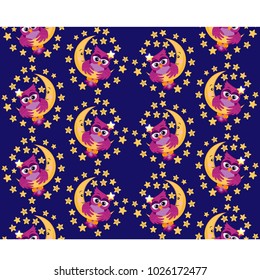 Seamless pattern with a bright pink owl hanging on the moon among the stars