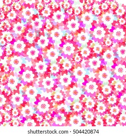 seamless pattern bright pink purple flowers cornflower, violet, pansy abstract background for site, blog, fabric. Vector