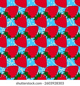 seamless pattern of bright pink and red strawberries of different sizes on a bright blue background