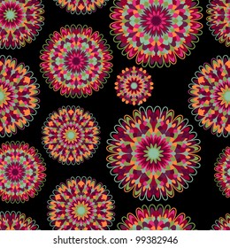 Seamless Pattern with Bright Pink Round Ornaments on Black Background