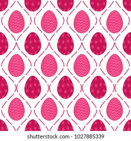 Seamless pattern of bright pink starry easter eggs and curvy lines