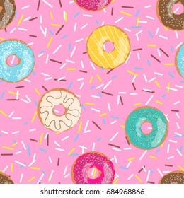 Seamless pattern bright pink tasty vector donuts and sprinkles background in cartoon style for menu in cafe and shop