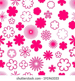 Seamless pattern of bright pink variety of flowers on a white background