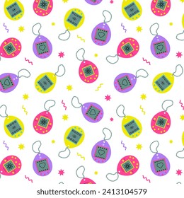 Seamless pattern with bright pink, yellow, purple kids electronic, digital toys. Old fashioned pet games. Vintage background in retro style of 90s. Neon colors. For fabrics, textiles, packaging
