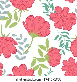 Seamless pattern with bright pink-red flowers. Repeating color pattern. Vector template for background.