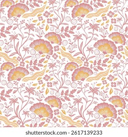 Seamless pattern with bright pink-red flowers. Repeating color pattern. Vector template for background