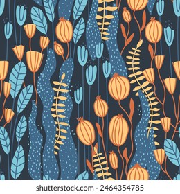 Seamless pattern with bright plants for women's fabric and stationery. Bright plants on a dark background. Flat vector illustration.