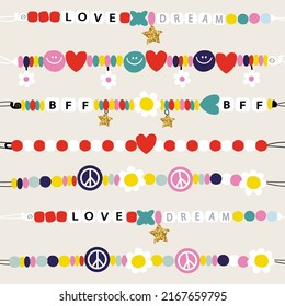 Seamless pattern with bright plastic beads bracelets. Cute girlish print. Vector hand drawn illustration.