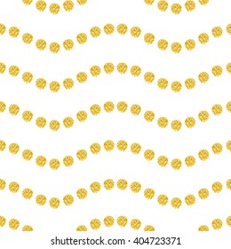 Seamless pattern with bright point on white background. Wavy ornament, gold confetti, brilliant polka dot. Vector illustration, template for wedding, birthday card, invitation, gift, xmas
