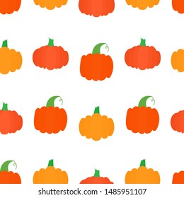 Seamless pattern with bright pumpkins on white background. For fall decoration, autumn fest invitations, fabric, kitchen textile and helloween print, web page background, gift and wrapping paper. 