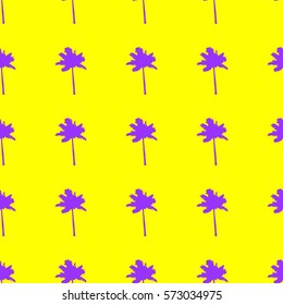 Seamless pattern with bright purple palm tree silhouette on a yellow background.