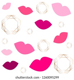 Seamless pattern. Bright purple, pink lips and golden diamonds on a white background.