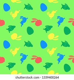Seamless pattern with bright rabbits on green background. Vector illustration for wallpaper, wrapping paper, textile, fabric and Easter design
