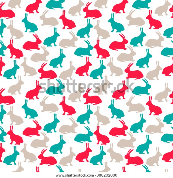 Seamless pattern with bright rabbits on white background. Turquoise wallpaper illustration.