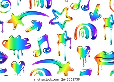 Seamless pattern with bright rainbow elements with sparkle. Pattern of gradient and colorful objects in y2k style. Vector symbols star, heart, cloud, lips, arrow, musical note on a white background.