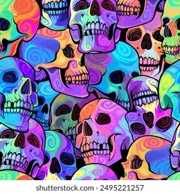 Seamless pattern of bright rainbow painted skulls