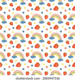 Seamless pattern with bright rainbows, strawberries and stars. Bright summer print for design, textiles, wrapping paper.