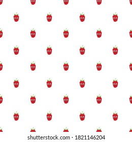 Seamless pattern with bright raspberries with cute eyes on a white background. Berry print print for bed linen and fabrics, wrapping paper and wallpaper. Stock vector illustration for decoration	
