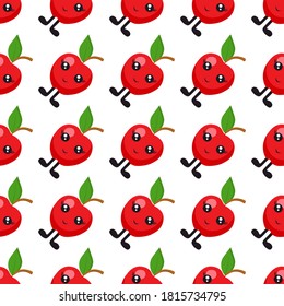 Seamless pattern with bright red apples with eyes and legs on a white background. Print for bed linen and fabrics, wrapping paper and wallpaper.
 Stock vector illustration for decoration and design.