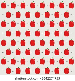 A seamless pattern of bright red apples with green leaves in a cute, minimal cartoon style. The apples are evenly spaced in a grid layout, perfect for textiles, wrapping paper, packaging, wallpaper, a