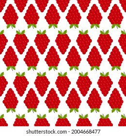 Seamless pattern of bright red berries with leaves simple flat icon. Raspberries, strawberries, wild strawberries isolated on white background. Fresh and juicy vegetarian healthy food