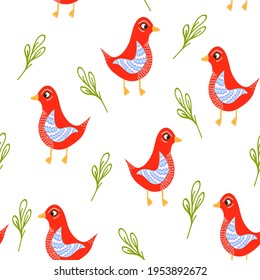 Seamless pattern with bright red birds on white background,abstract duck in flat style,illustration for wallpaper,wrapping, cover design,print on textile and fabric,colorful spring print