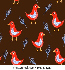 Seamless pattern with bright red birds on brown background,abstract duck in flat style,illustration for wallpaper,wrapping, cover design,print on textile and fabric,colorful spring print