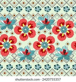 Seamless pattern of bright red, blue flowers on a light background. For fabric and wallpaper Natural Spring Flower Gift Wrapping Paper