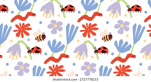 Patrón Sin Costuras Con Flores De Color Rojo Brillante, Azul Y Púrpura, Abejas, Mariquitas Y Gusanos. Formas Geométricas, Divertidos Y Coloridos Insectos Doodle Infantiles. Diseño de papel de embalaje