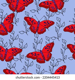 Seamless pattern of bright red butterflies and gentle contour doodle twigs on a blue background vector illustration