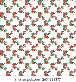 Seamless Pattern with Bright Red Flowers and Green Leaves on White Background