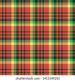 Seamless pattern in bright red, green and light and dark yellow colors for plaid, fabric, textile, clothes, tablecloth and other things. Vector image. 
