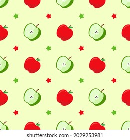 Seamless pattern with Bright red and green apple and stars on yellow background.  Color Fruit Wallpaper Vector seamless pattern.