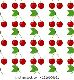 Seamless pattern with bright red and juicy cherries on a white background. Print for bed linen and fabrics, wrapping paper and wallpaper.
 Stock vector illustration for decoration and design.