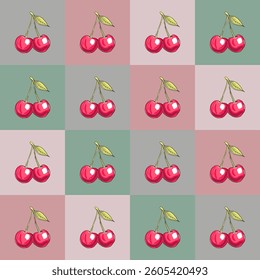 Seamless pattern of bright red paired cherries with a leaf on a multi-colored checkered background for various uses