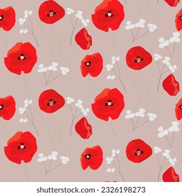 seamless pattern with bright red poppies and sprigs of white flowers in a watercolor style