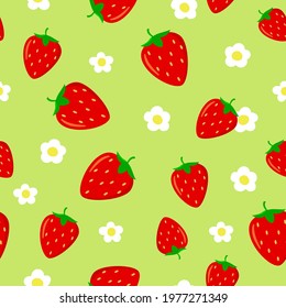 Seamless pattern with Bright red strawberries and strawberry flower on green background.  Fruit Wallpaper with Chaotic Strawberries. Vector seamless pattern.