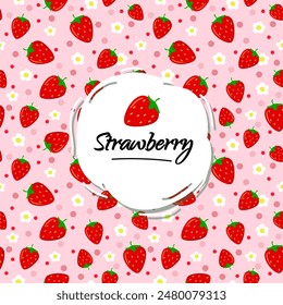 Seamless pattern with Bright red strawberries and strawberry flower on  background.  Fruit Wallpaper with Chaotic Strawberries. Vector seamless pattern.