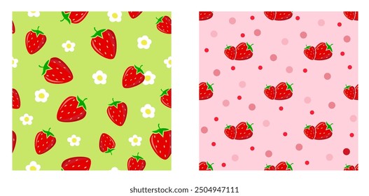 Patrón sin fisuras con fresas rojas brillantes y flor de fresa sobre fondo verde.  Fondo de pantalla de frutas con fresas caóticas. Patrón sin fisuras de Vector.