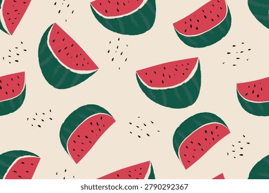 A seamless pattern with bright red watermelon slices and black seeds scattered across a plain background. Close-up juicy fruit. Vector summer background with fruit.