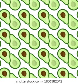 Patrón sin foco con mitades de aguacate brillantes y maduras sobre un fondo blanco. Impresión para ropa de cama y tejidos, papel de envoltura y papel tapiz.
 Ilustración vectorial de material para decoración y diseño.