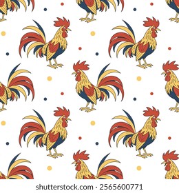 Seamless pattern with bright roosters on a white background. Colored background, print