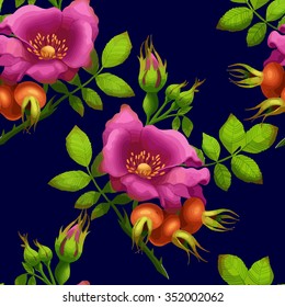 seamless pattern of bright rose hips on a dark background