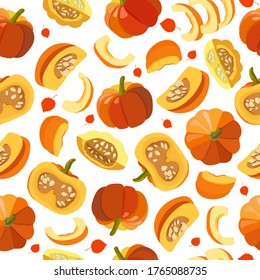 Seamless pattern: bright round pumpkins and pumpkin pieces on a white background. The concept of healthy eating, growing organic vegetables. Vector hand drawing.